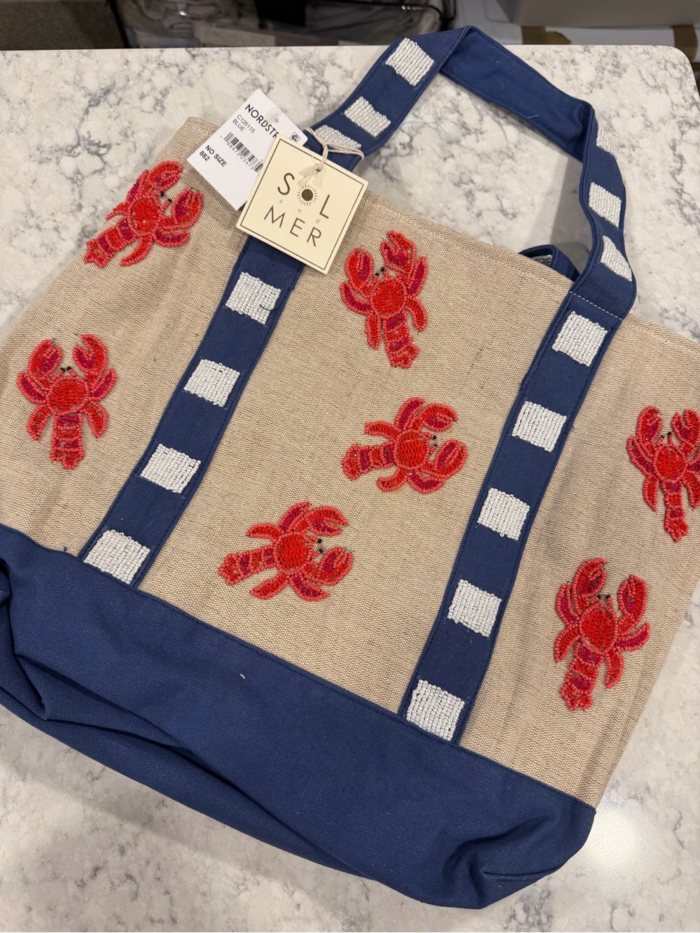 Sol & Mer Red Crab Embroidered Canvas Tote with Navy Trim
